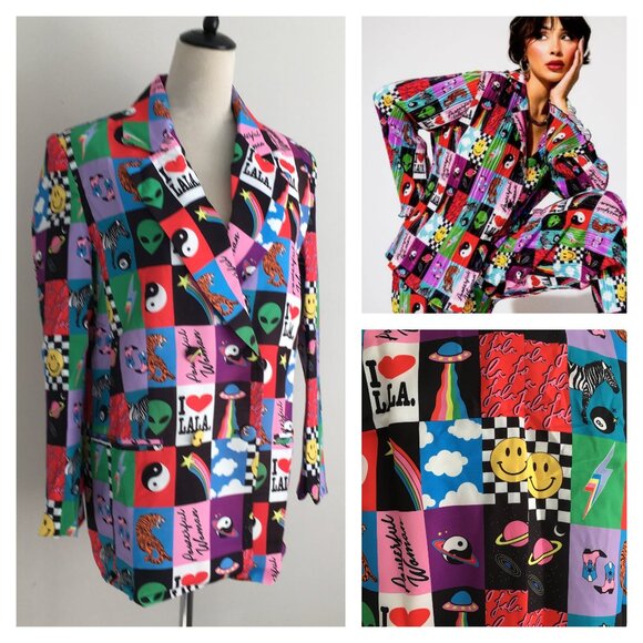 NWT DRESSED IN LALA Loose Fit Multi-Color BE YOURSELF PATCHWORK Blazer Jacket - Picture 1 of 10